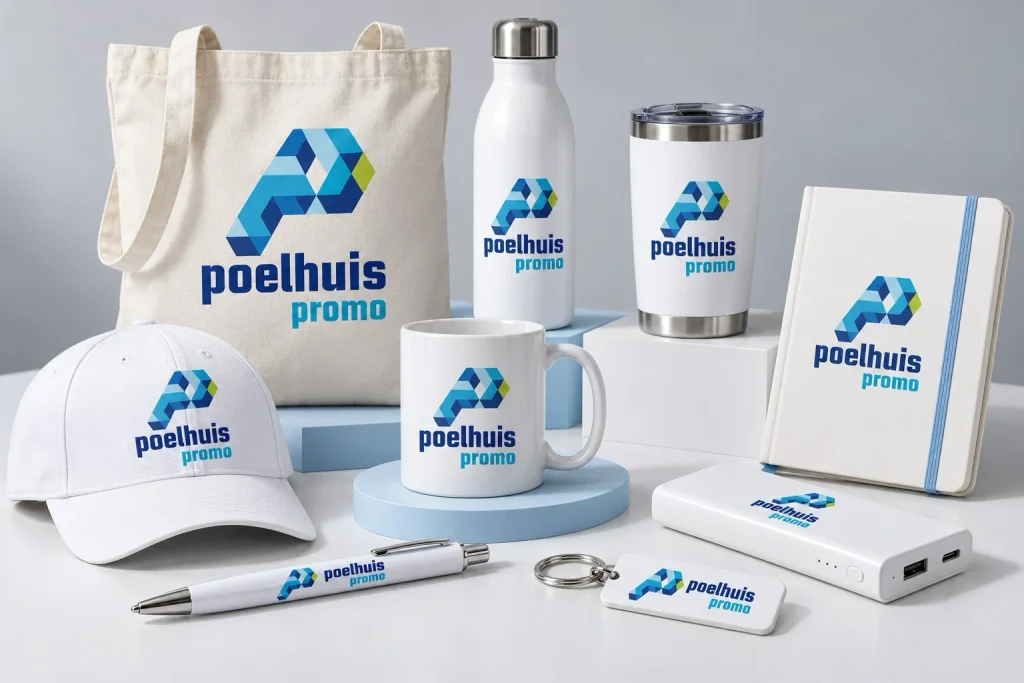 Tas, drinkfles, mok, pet, notitieboek en pen met het logo van Poelhuis Promo