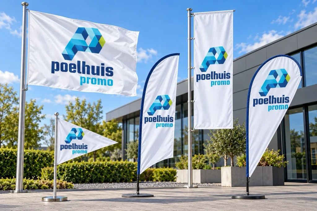 Vlaggen, een banier en beachflags met het logo van Poelhuis Promo voor een bedrijfspand